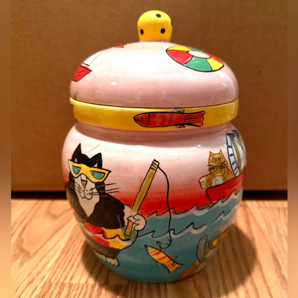 Catzilla 2003 Candace Reiter hand-painted ceramic cat treat jar or canister